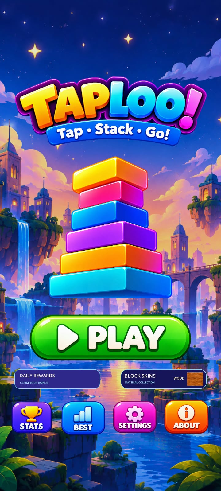 Taploo! title screen with its colorful block tower and Play button