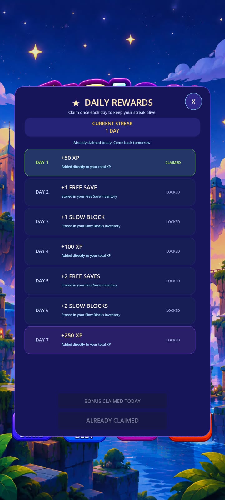 Taploo! daily rewards screen showing XP and gameplay rewards