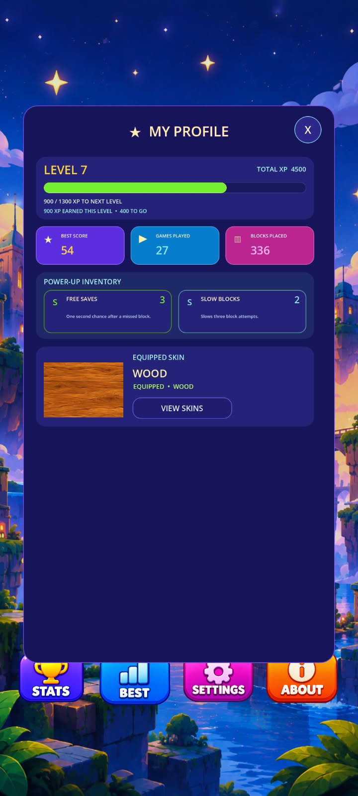 Taploo! player profile with level progression, score, and inventory