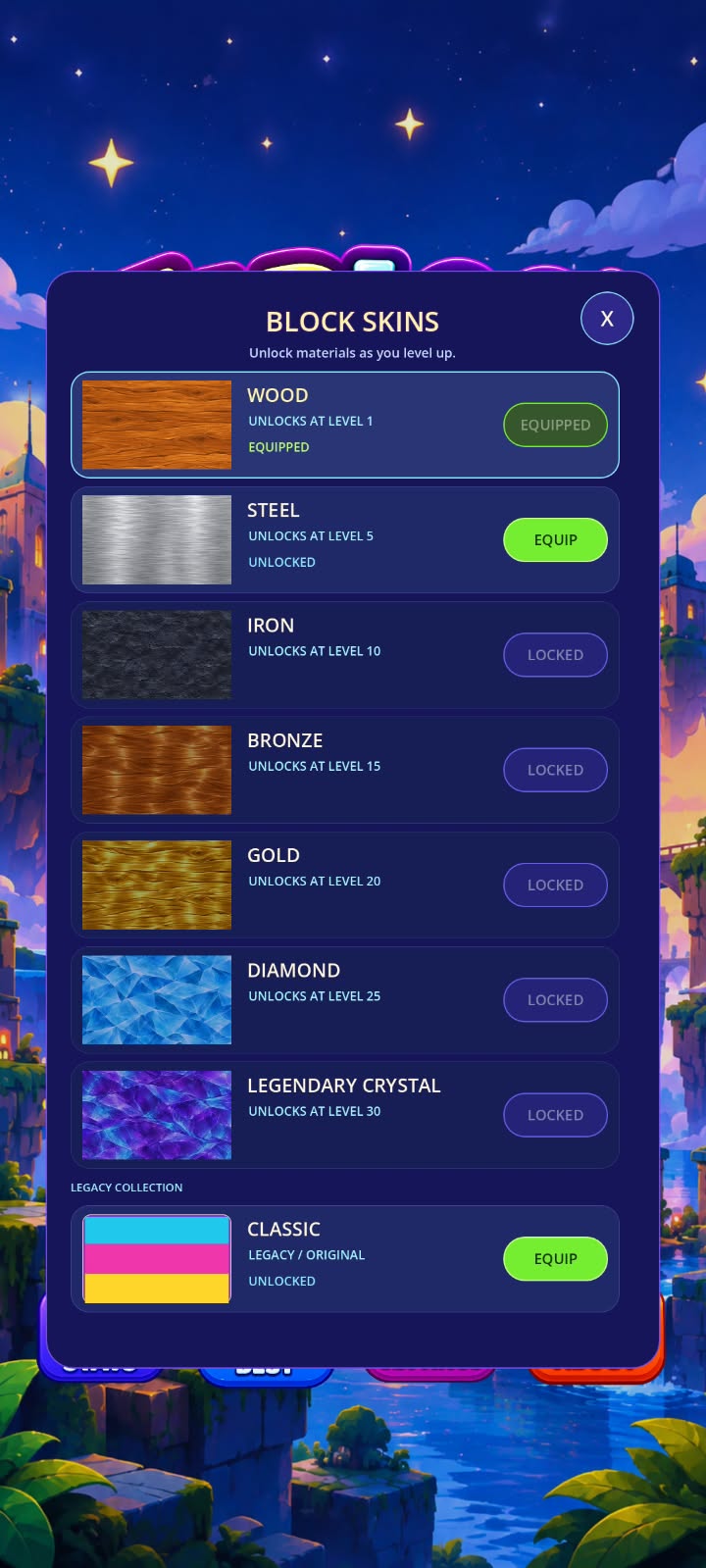 Taploo! block skins collection with unlockable material styles